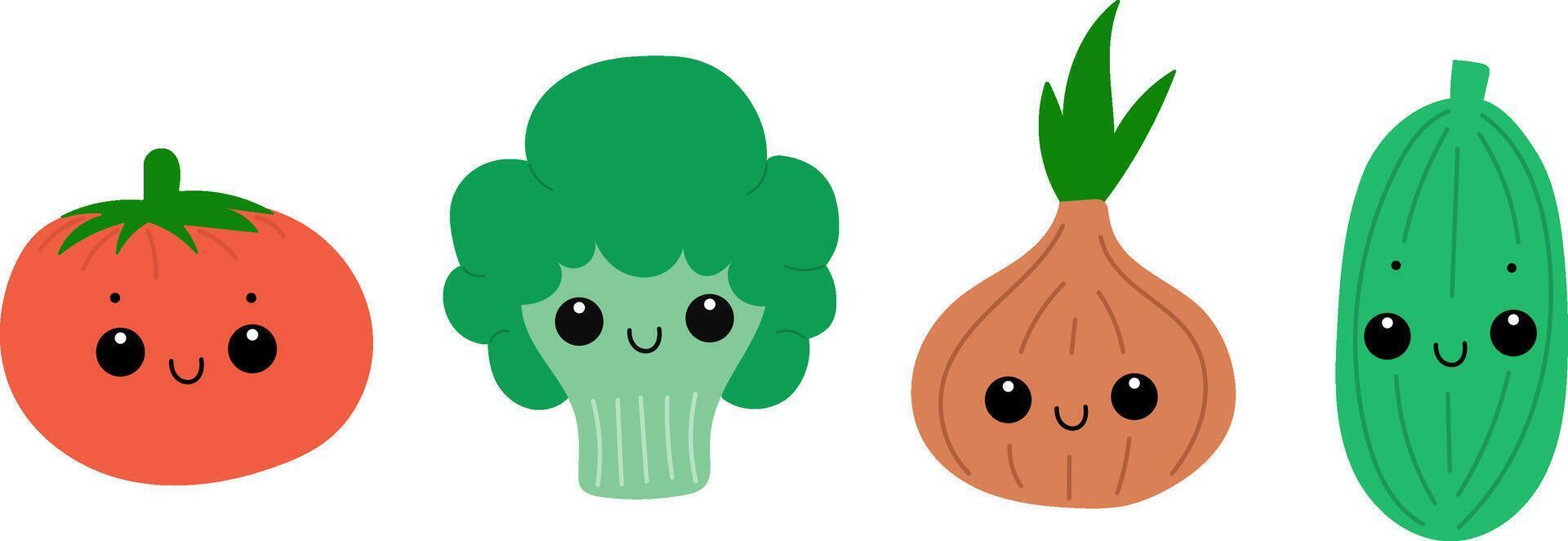 Set of cute vegetables. Broccoli, tomato, onion, cucumber. vector