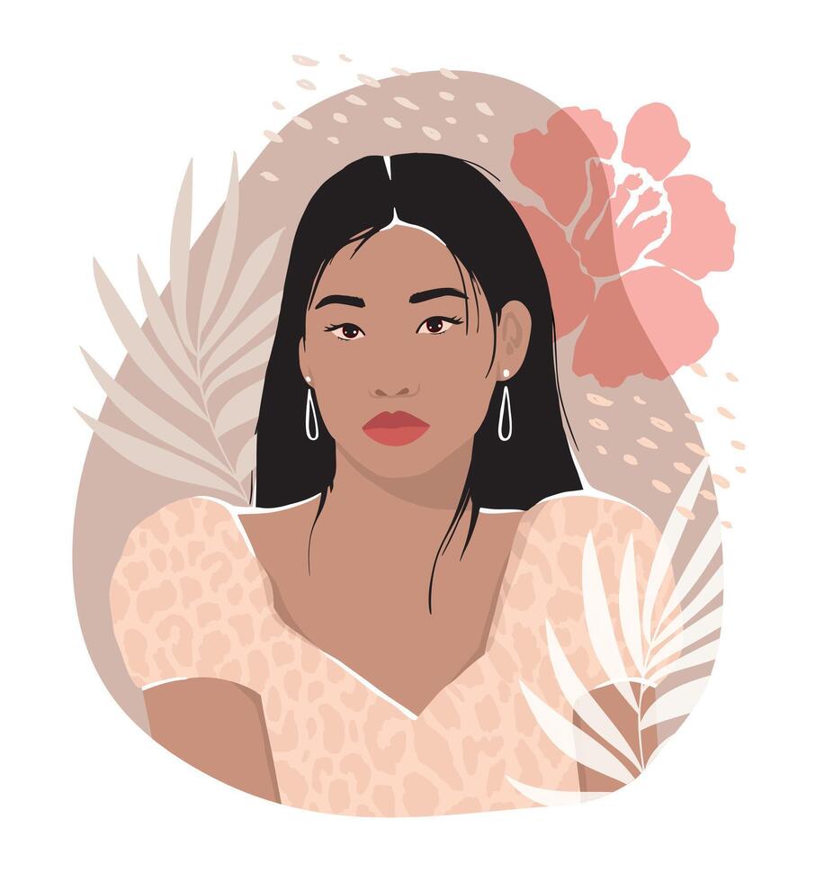 Gentle sticker print with an Asian girl, palm leaves and a flower. Juicy hand drawn illustration for modern design. vector
