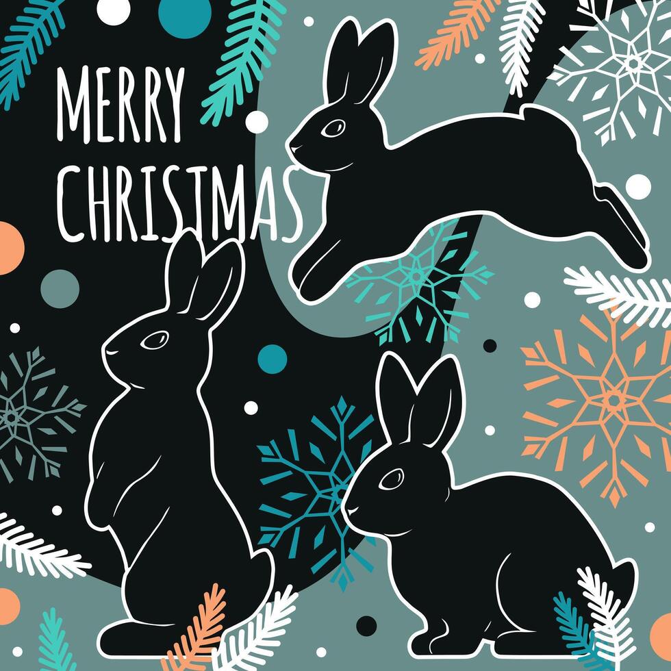 Christmas card with rabbits and snowflakes vector