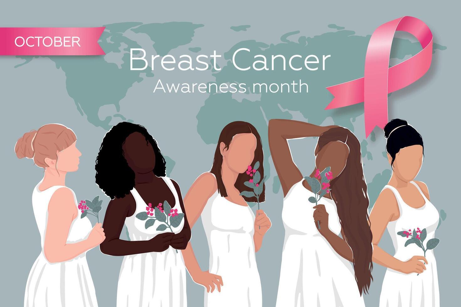 World Breast Cancer Awareness Month. Poster with pink ribbon and different women. illustration. vector