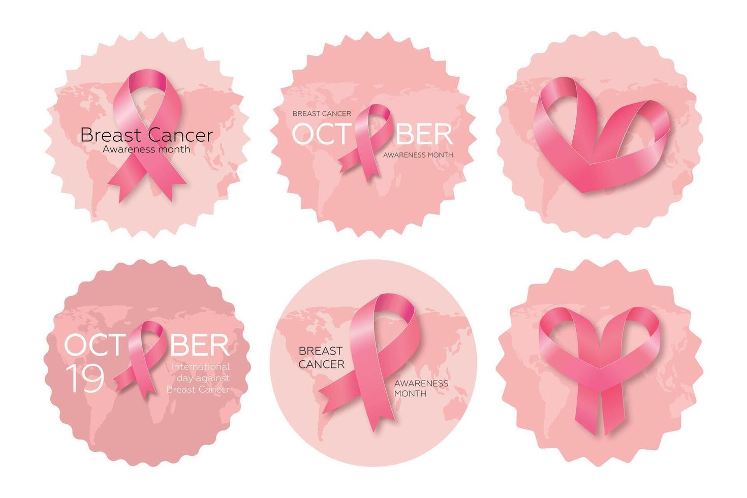 Big set of stickers with pink ribbons. Symbol for World Breast Cancer Awareness Month in October. illustration. vector