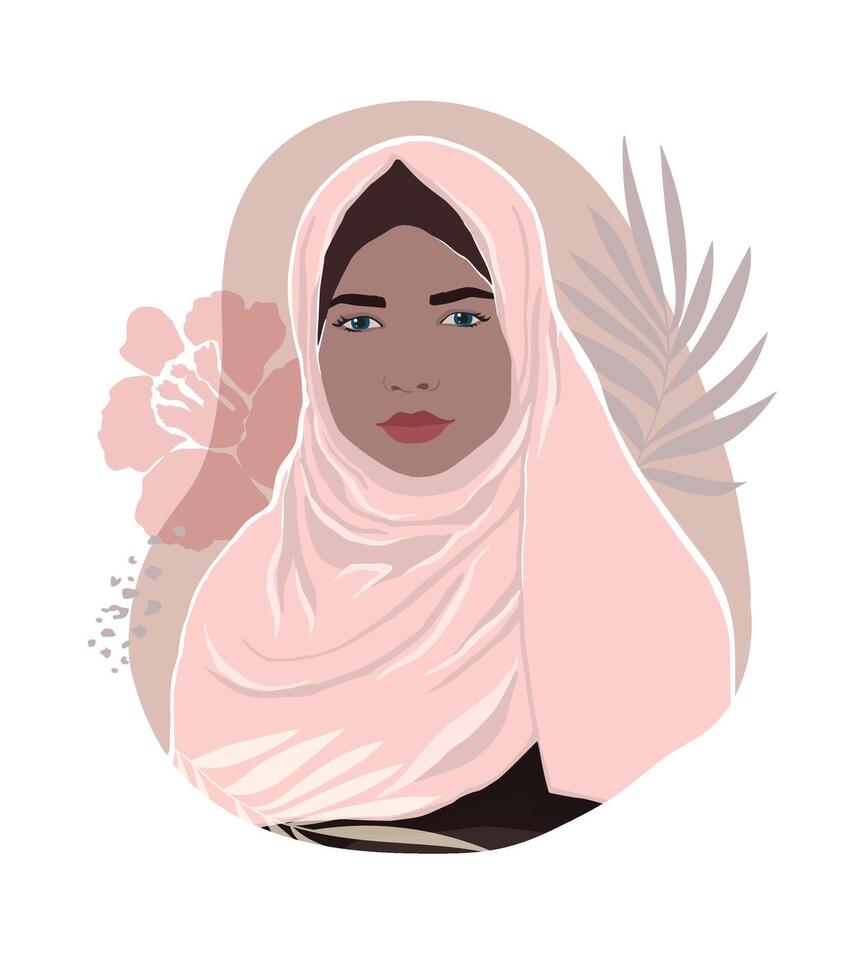 Gentle sticker print with a woman in a hijab, palm leaves and a flower. Juicy hand drawn illustration for modern design. vector