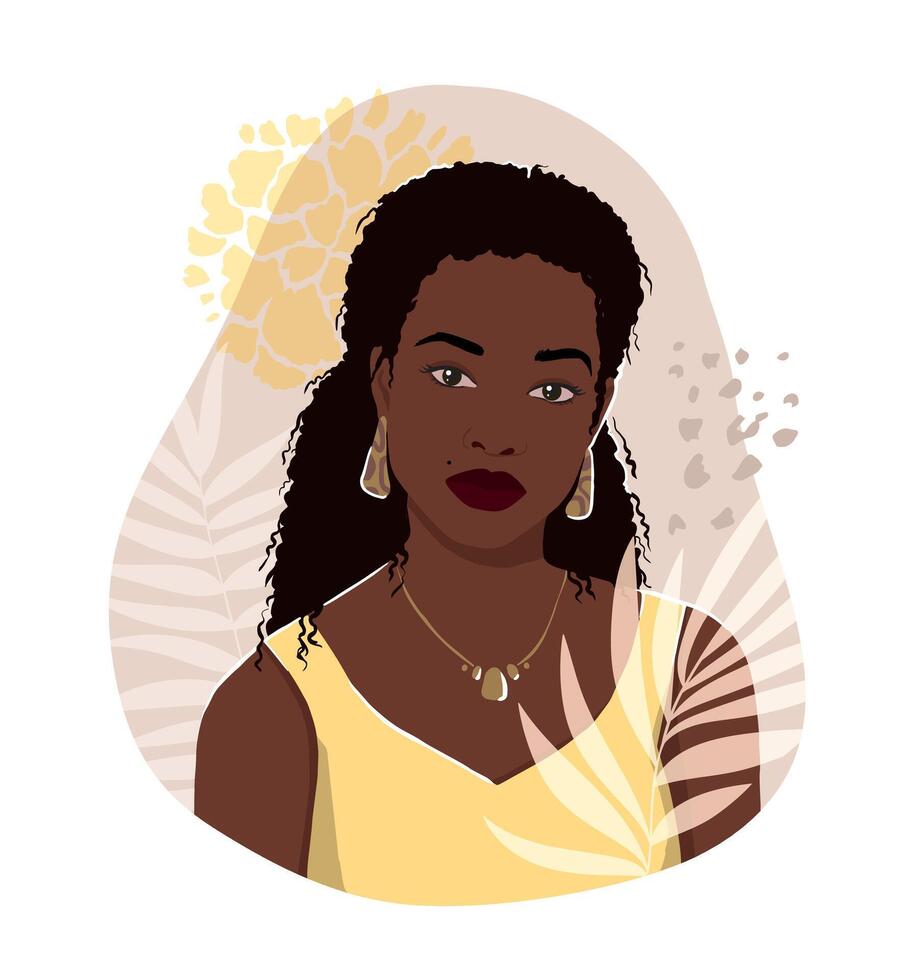 Gentle sticker print with an African girl, palm leaves and a flower. Juicy hand drawn illustration for modern design. vector