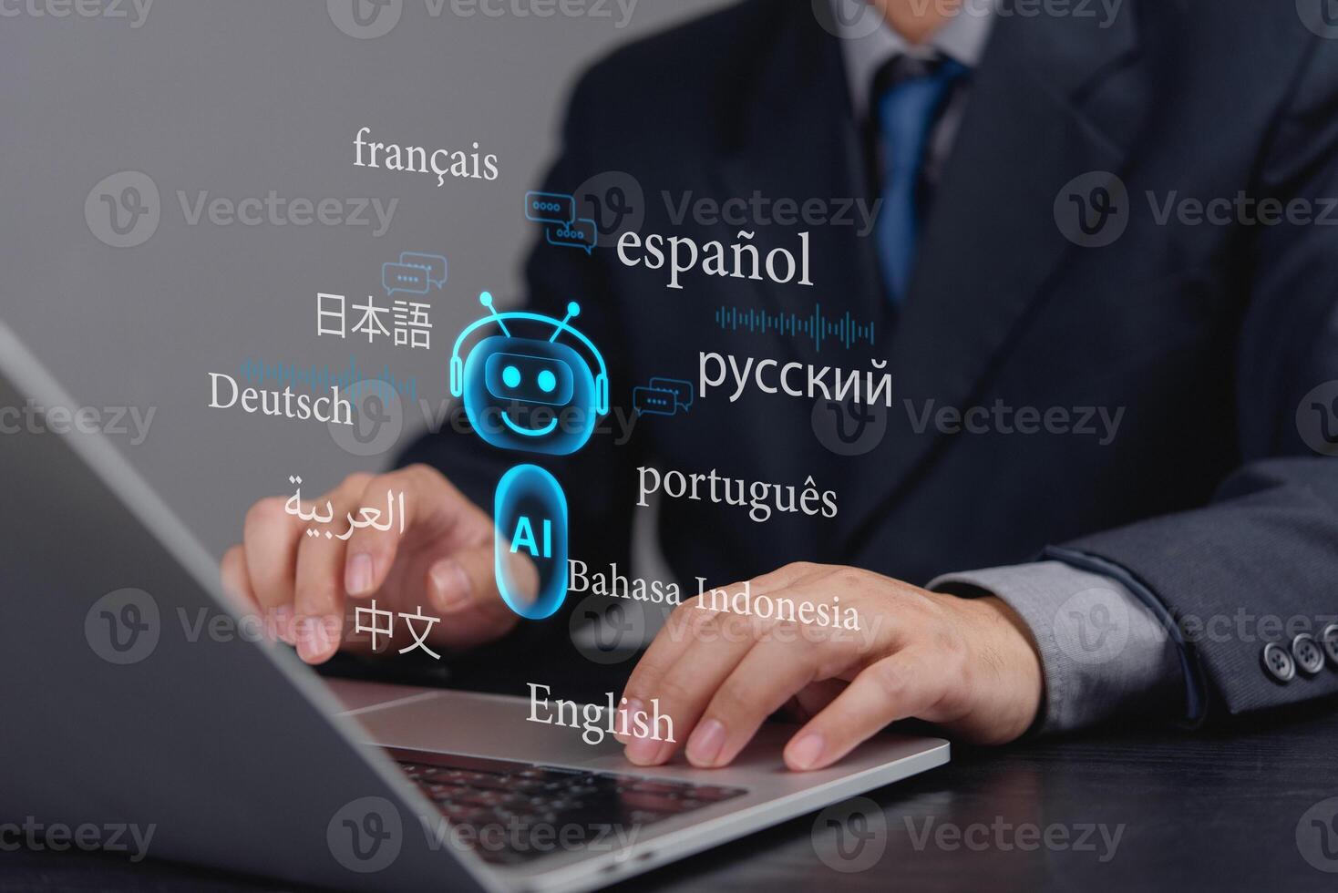 A man in a suit is typing on a laptop with the word ai in the background photo