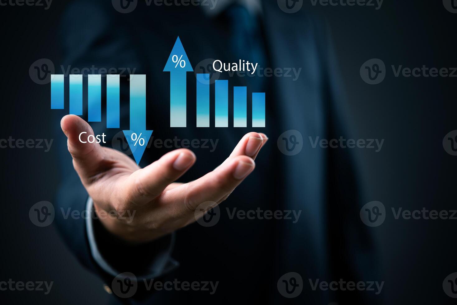 A man in a suit is holding a bar graph with the words quality and cost photo
