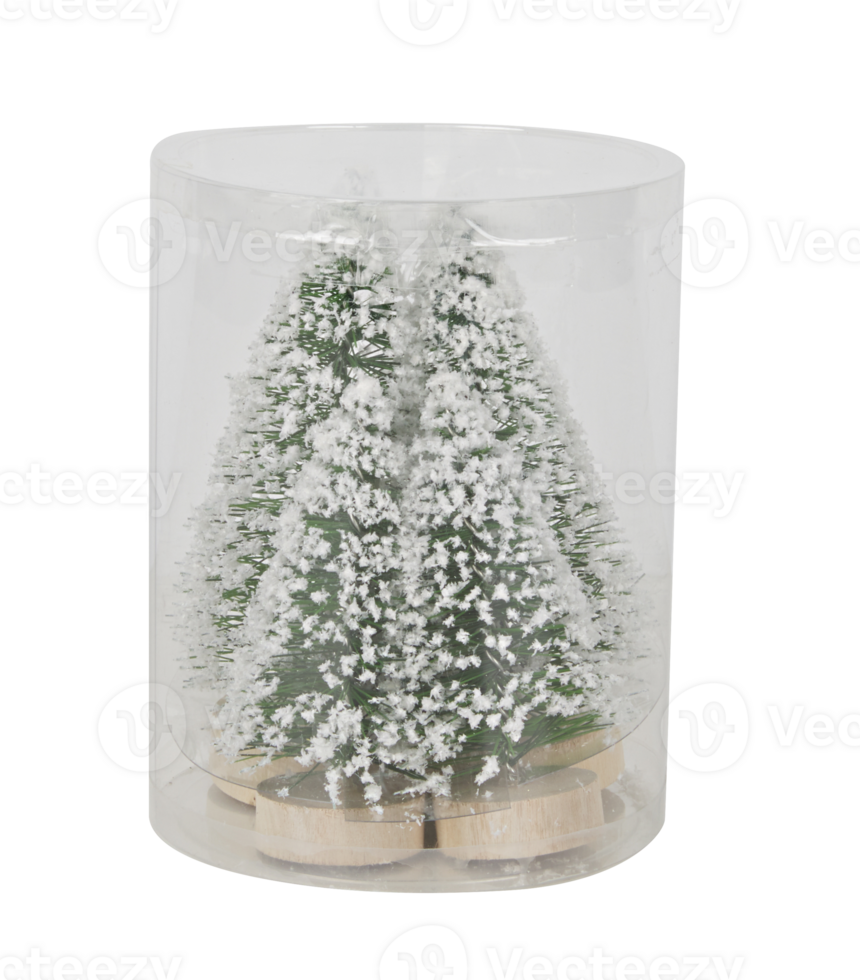 Christmas tree with snow carved in a clear plastic box for party decoration cut out isolated transparent background png