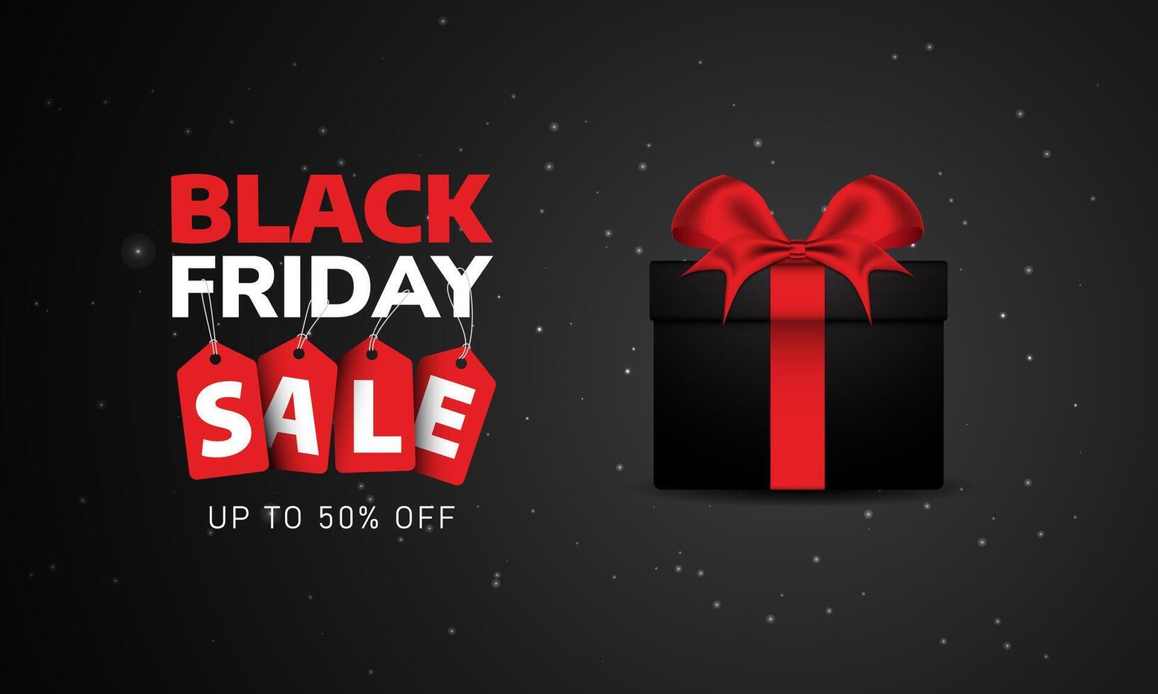 Black Friday Sale Text Over Black Background And Black Gift Box with Red ribbon bow. Suitable For Black Friday Business Holiday vector