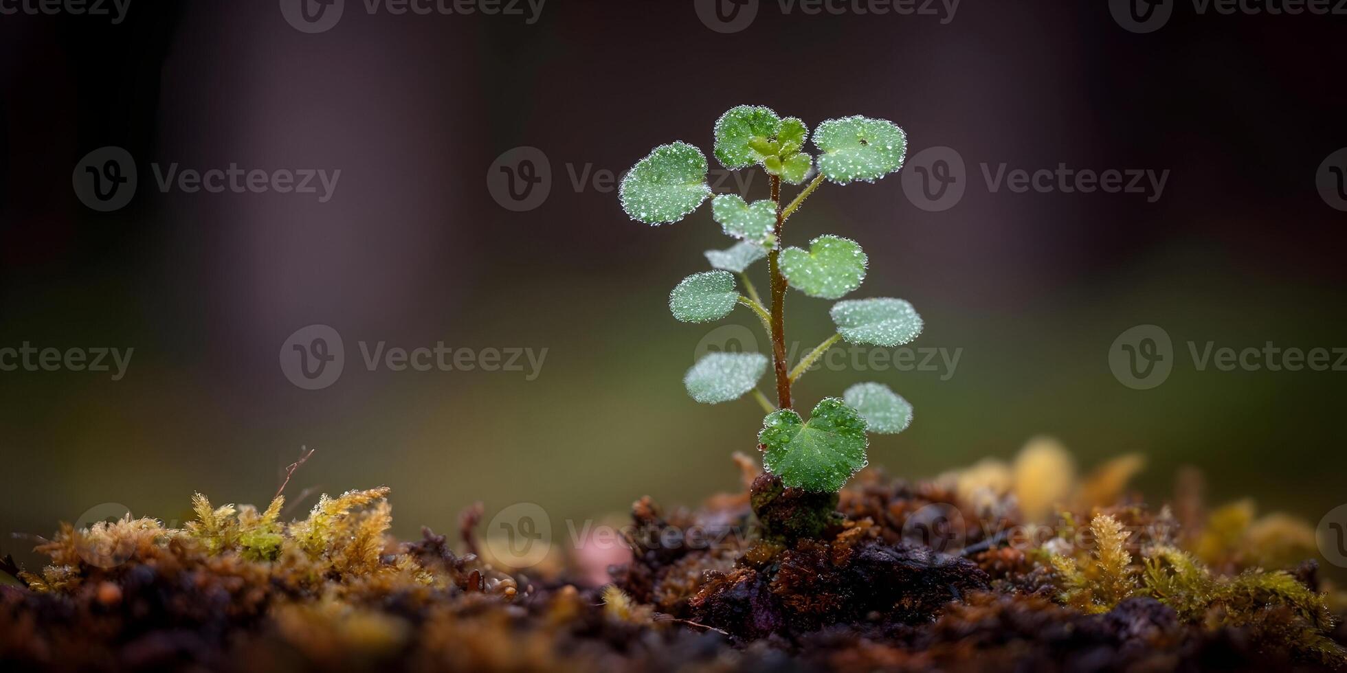 Small Plant Sprout Growing in Mossy Soil Dew Drops on Leaves photo