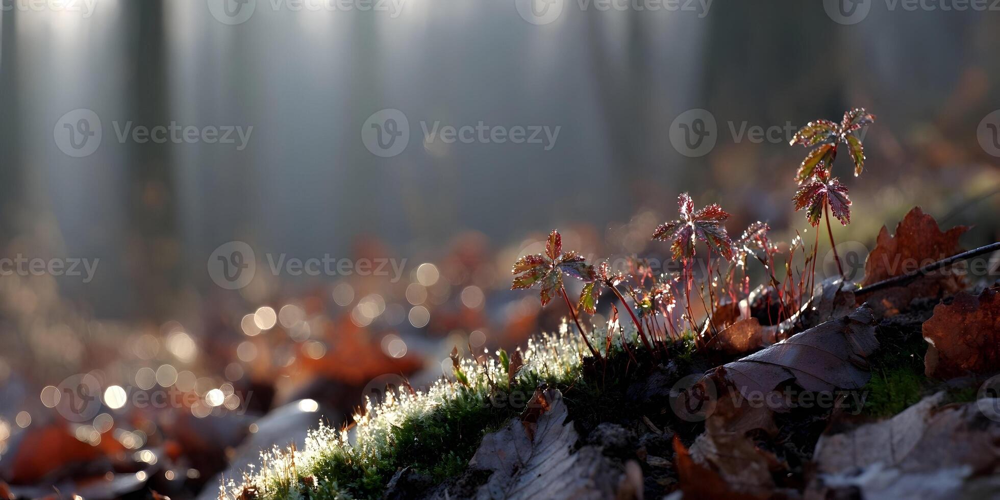 Dew Drops on Reddish Leaves Mossy Ground Autumn Forest Sunlight photo