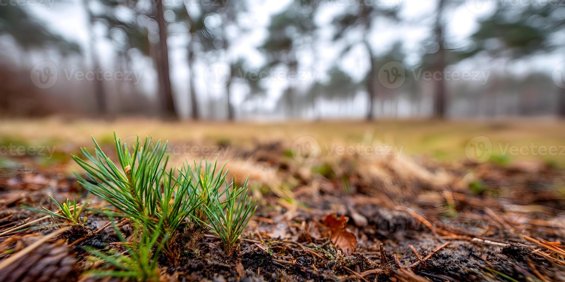 Young Pine Tree Sprout in Forest Ground Closeup photo