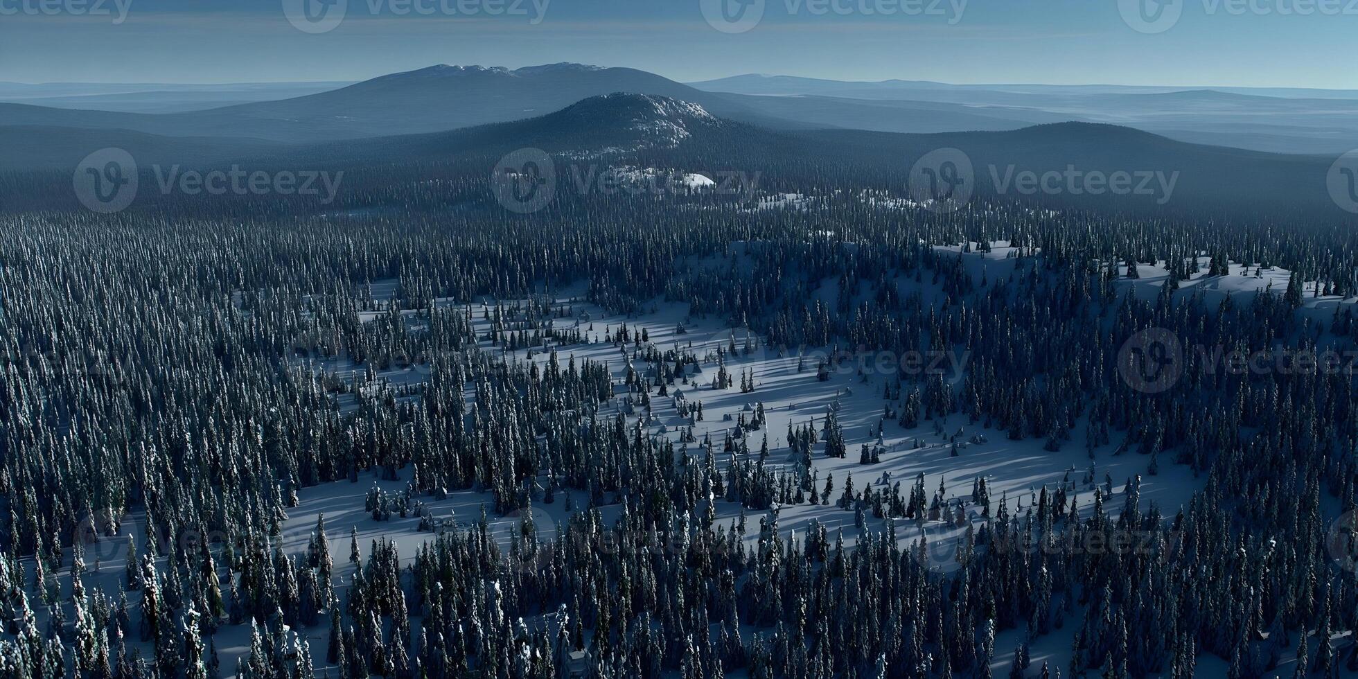 Aerial Snow Covered Forest Landscape Mountain Range View photo