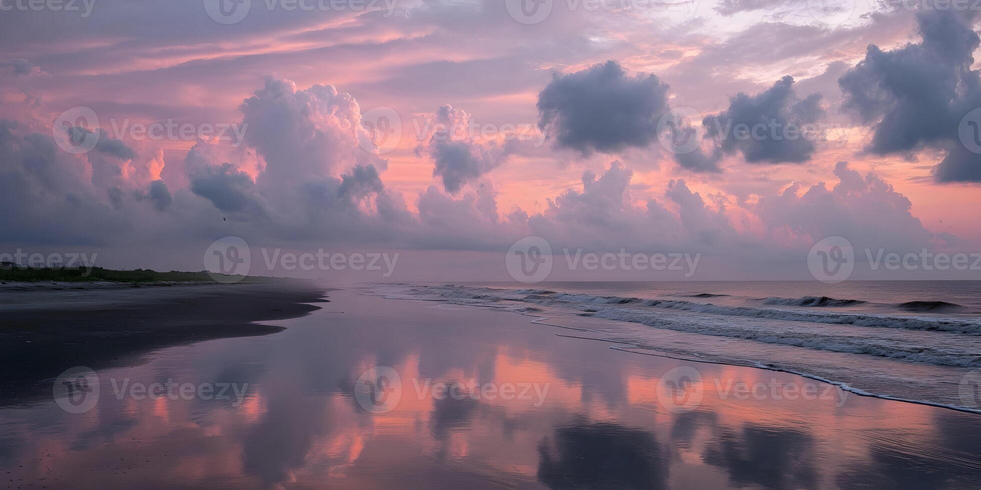 Pink and Purple Sunset Clouds Reflecting on Ocean Beach Sand photo