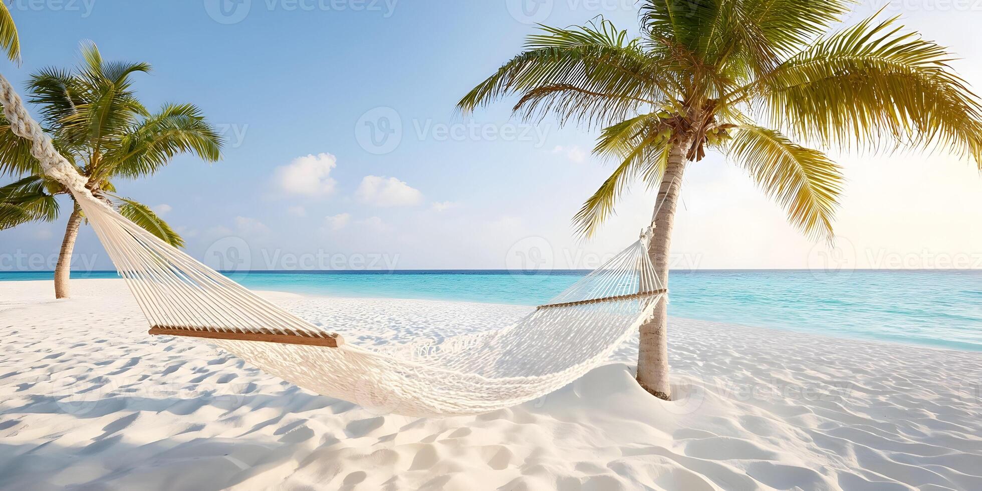 Tropical Beach Hammock Scene White Hammock Between Palm Trees on Sandy Beach Turquoise Ocean Summer Vacation Paradise Relaxation Idyllic Seascape photo