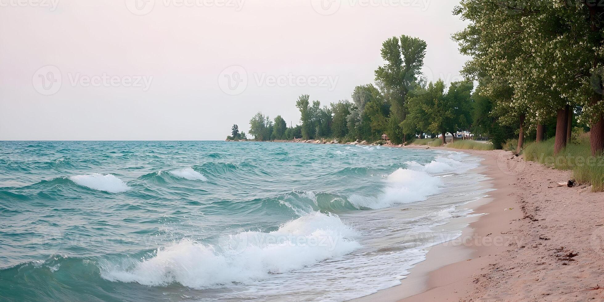 Ocean Waves Crashing on Sandy Beach Summer Day Shoreline Trees photo