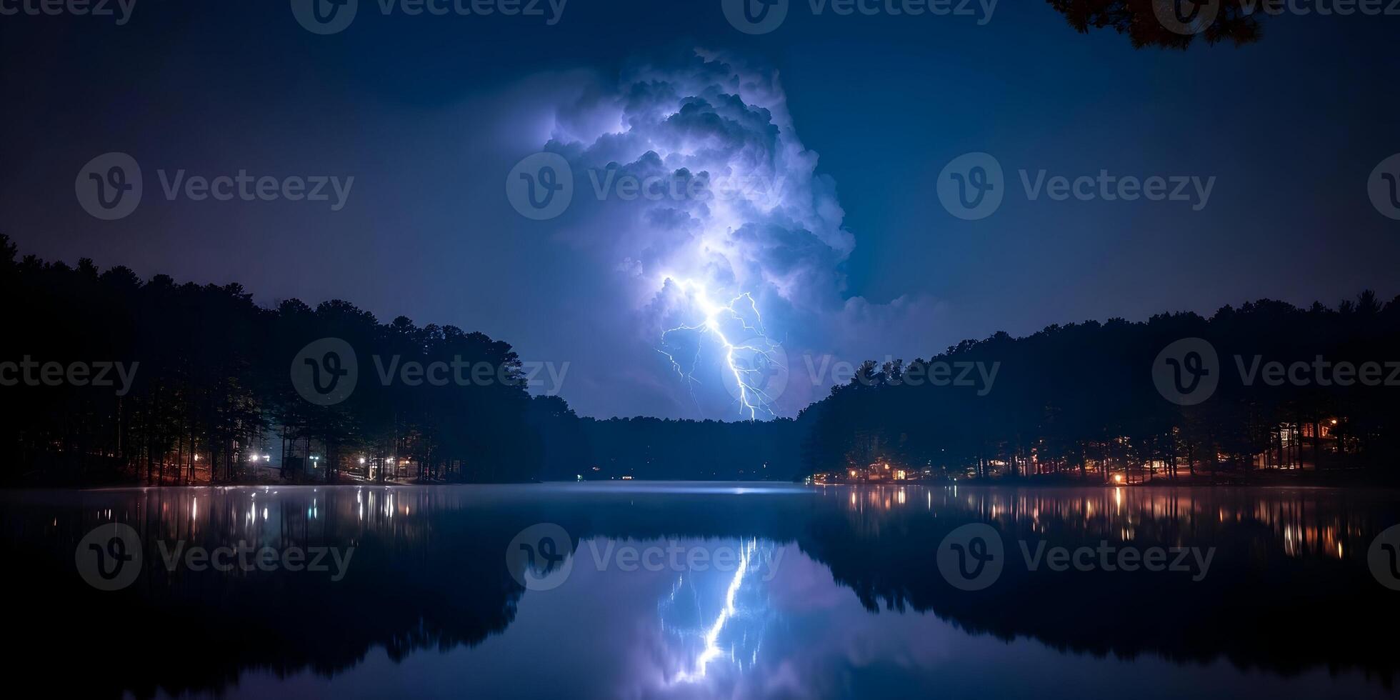Night Lake Scene with Lightning Strike and Reflection photo