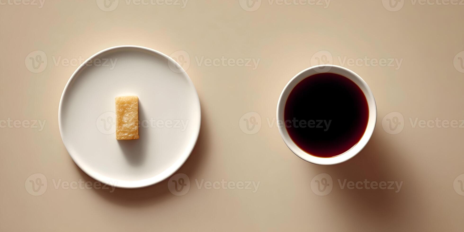 Brown Sugar Cube on Plate with Coffee in Bowl Minimalist Flatlay Still Life photo