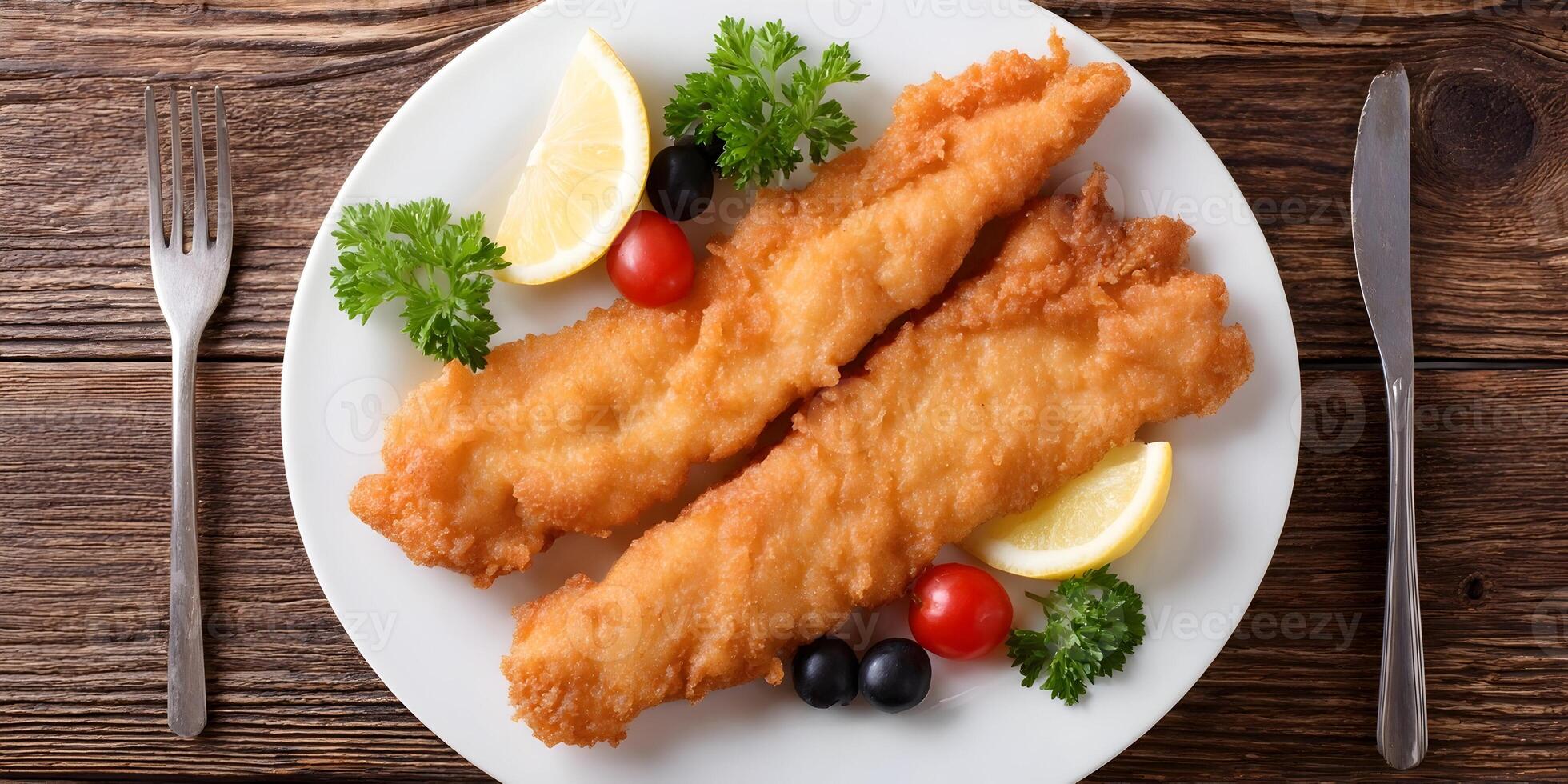 Fried Fish Fillet Dish with Lemon and Olives Garnish Top View photo