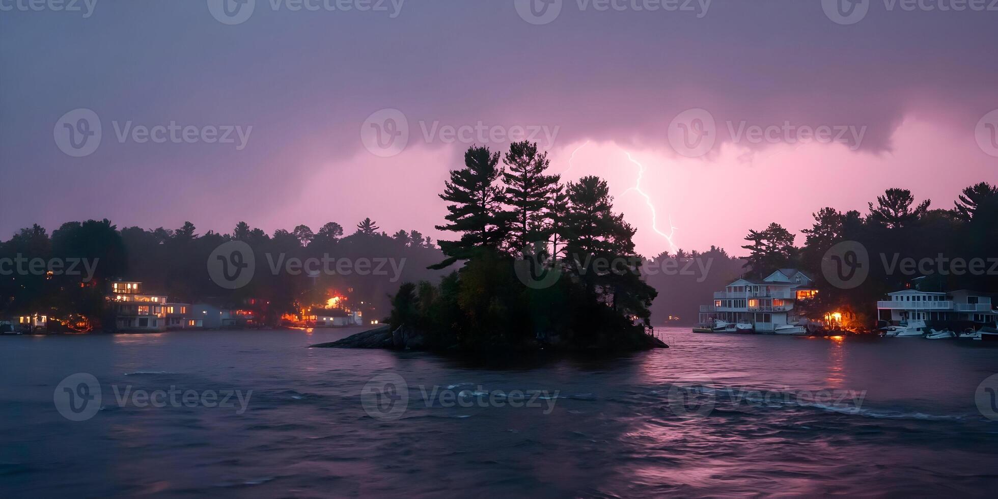 Lake Houses Island Lightning Storm Night Sky Dramatic Scene photo