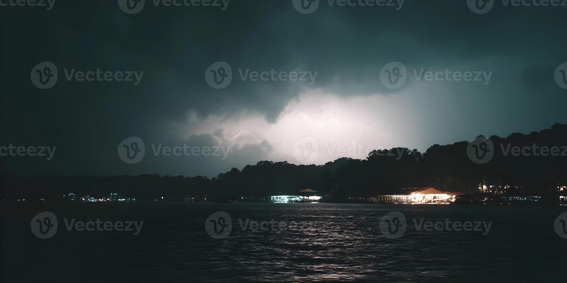 Night Lake Scene Illuminated Pavilion Lightning Storm Dark Clouds photo
