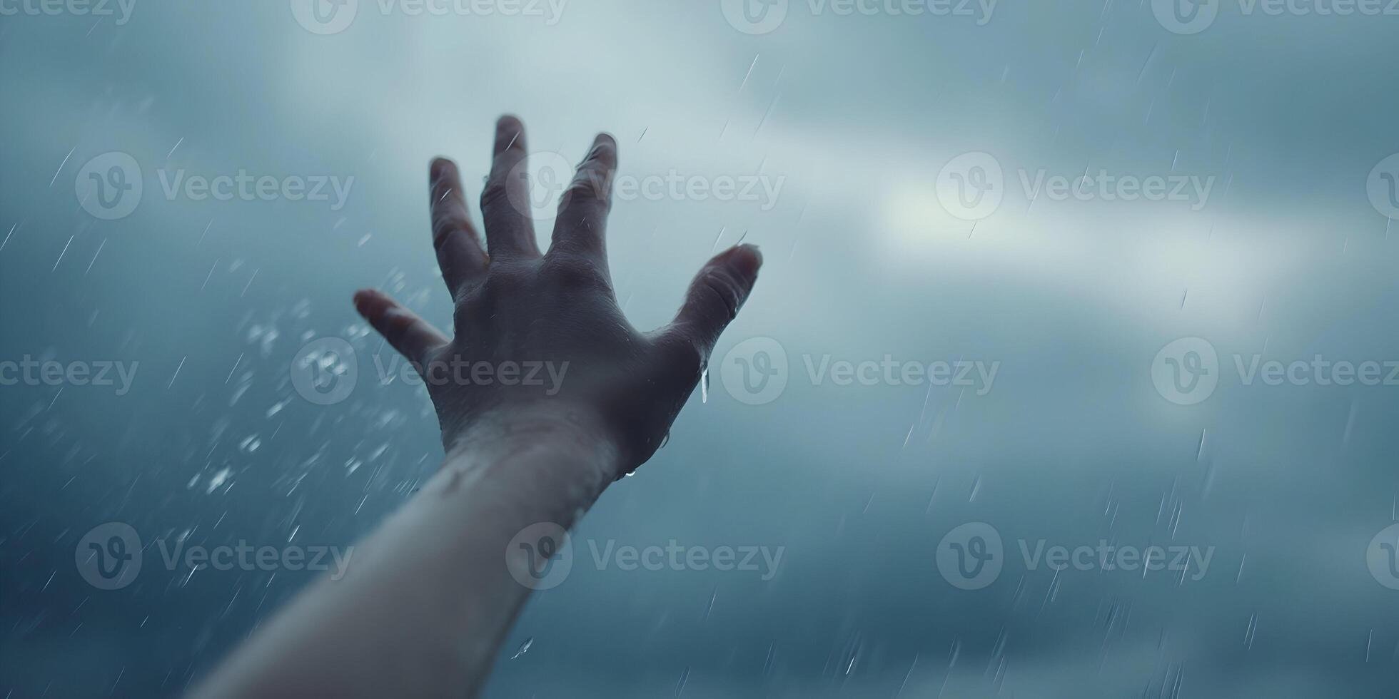 Hand Reaching Up In Rain Storm Dramatic Sky Scene photo