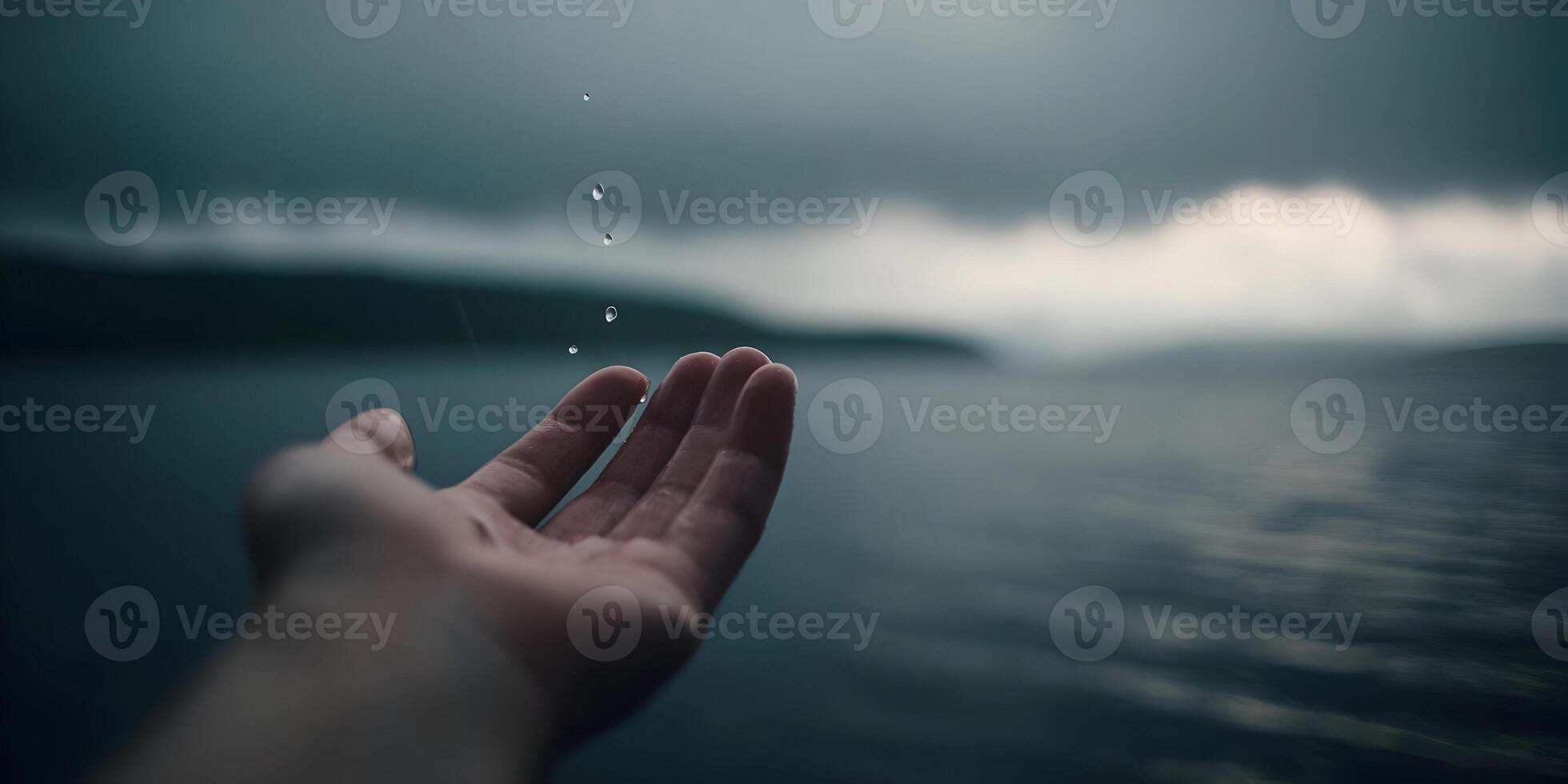 Hand Catching Raindrops Over Calm Lake Water Dark Moody Nature Scene photo
