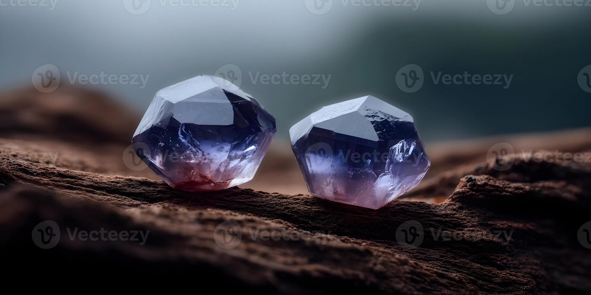 Two Amethyst Crystals on Dark Brown Wood Surface Gemstones Mineral Collection photo