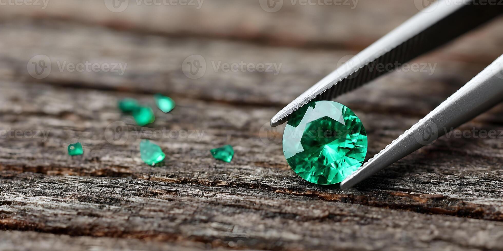 Closeup of Emerald Gemstone in Tweezers on Wooden Surface Several Smaller Emeralds Scattered Nearby photo