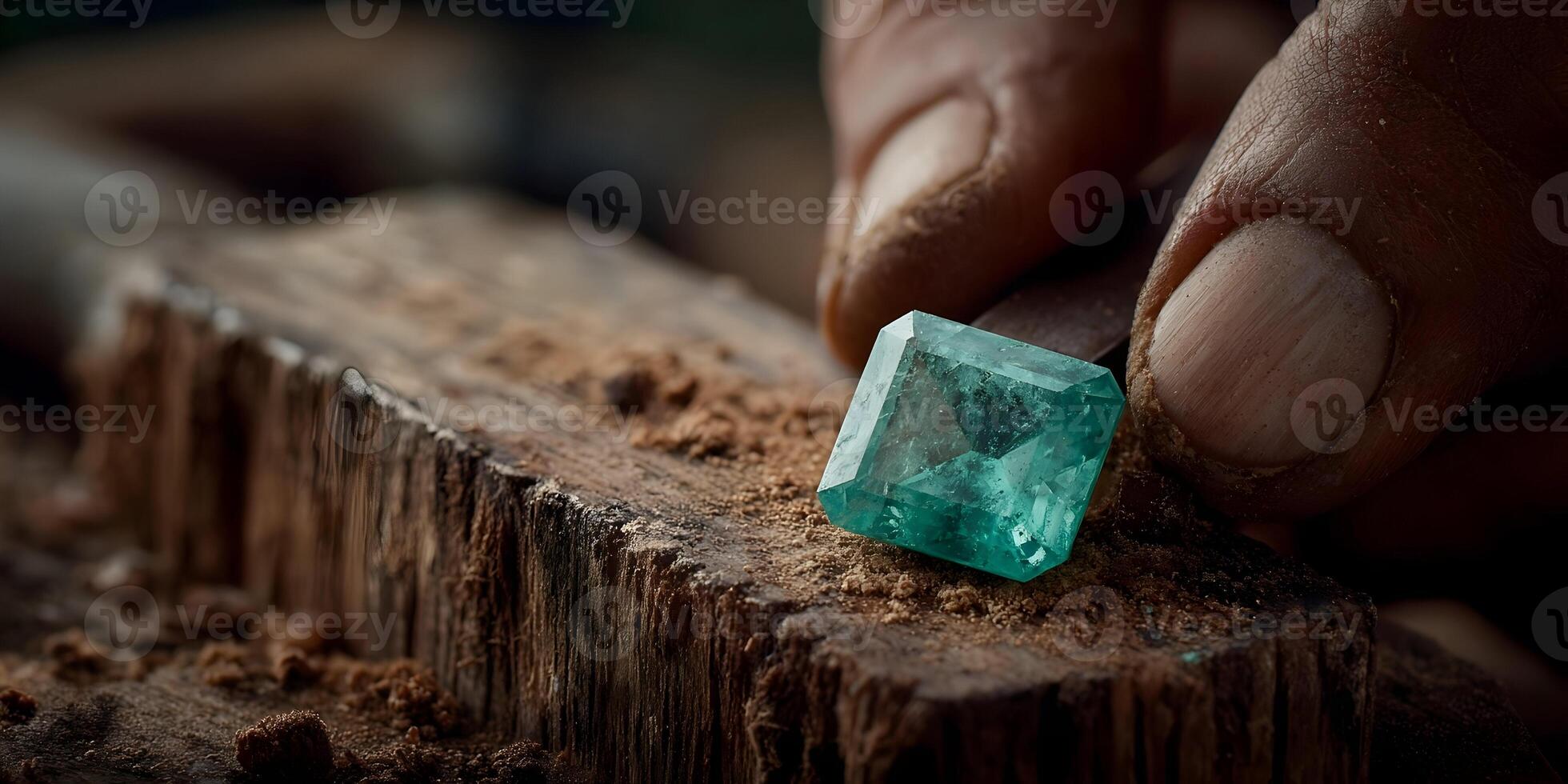 Closeup Emerald Gemstone Being Cut by Jeweler Hands on Wood photo