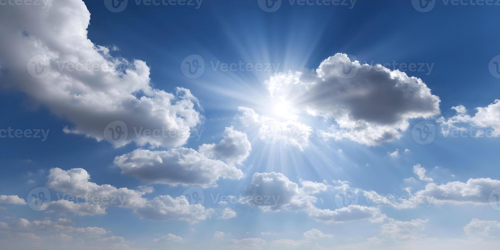 Bright sunbeams filtering through soft white clouds in the sky photo
