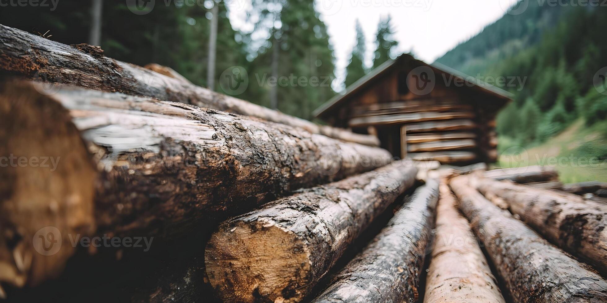 Wooden Logs Stacked Near Rustic Cabin in Forest Mountains Scenery photo