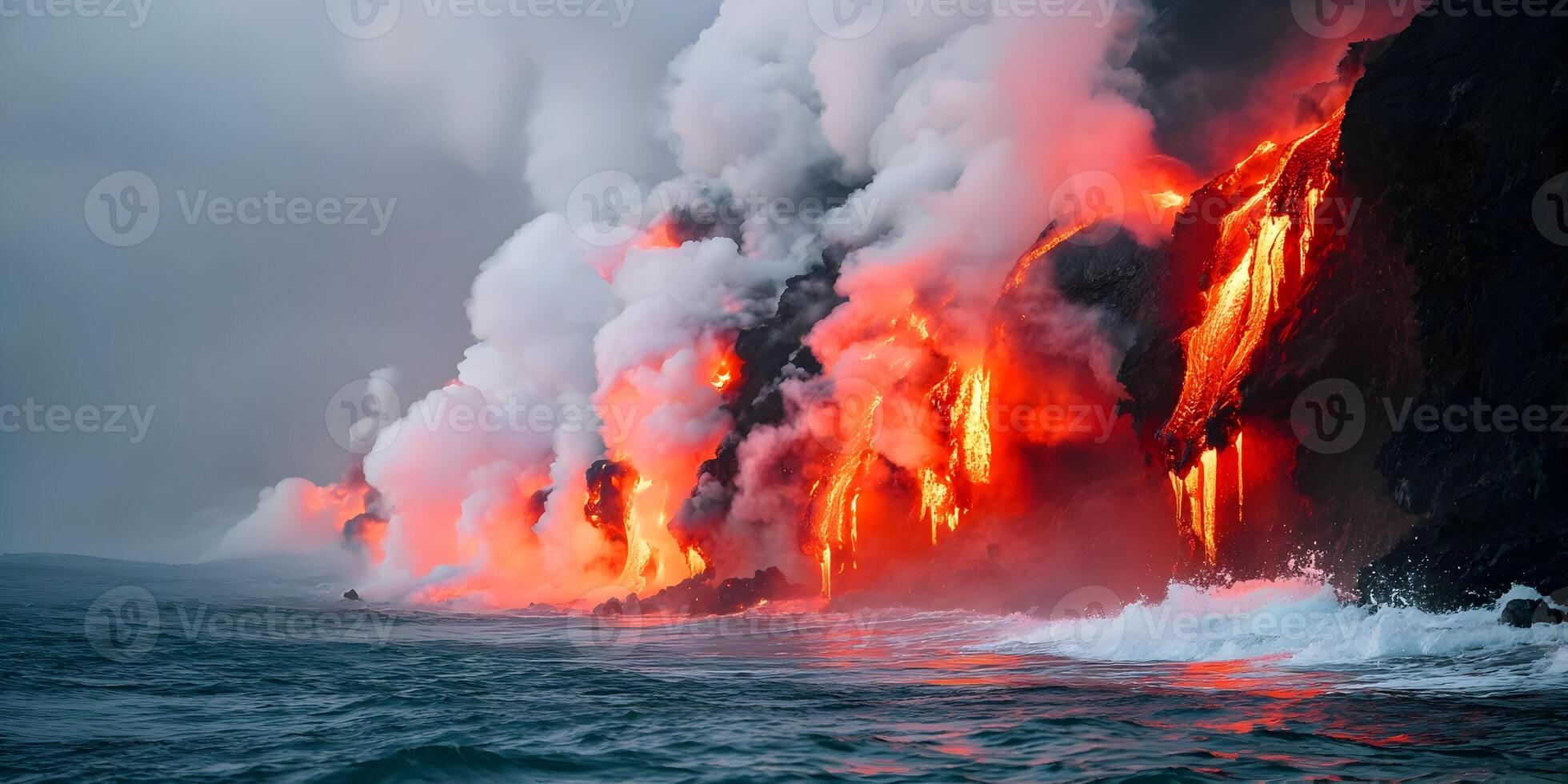 Lava Flowing into Ocean Dramatic Volcanic Eruption Scene photo