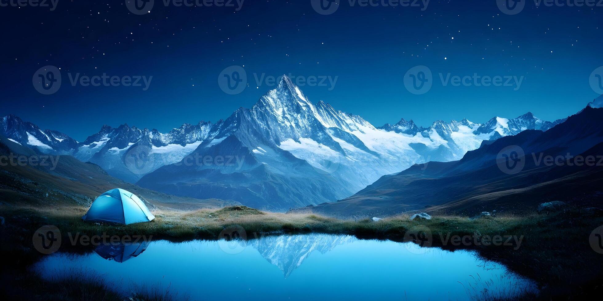 Night Camping Scene Blue Tent Mountain Lake Reflection Starry Sky photo