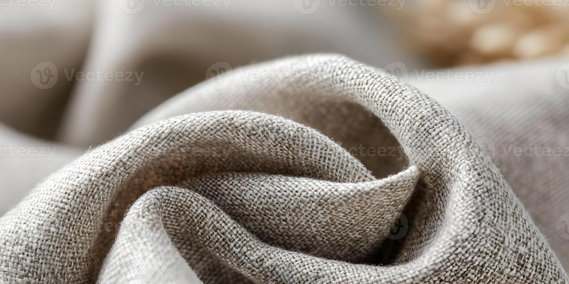 Closeup Beige Linen Fabric Texture Detailed Wrinkled Swirled Material photo