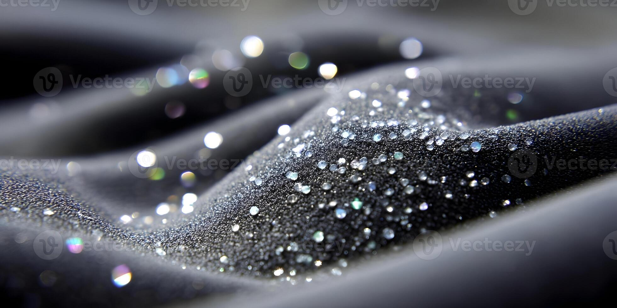 Dark Gray Fabric with Sparkling Dew Drops Closeup Texture photo