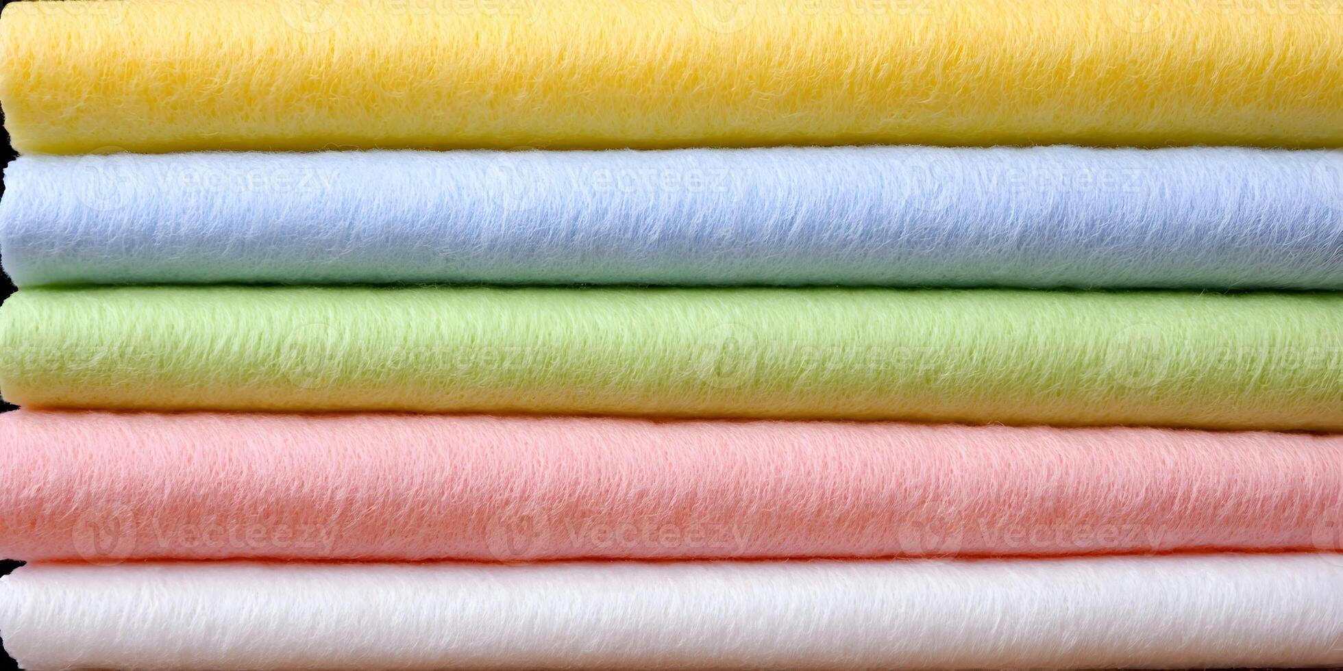 Stack of Pastel Colored Fabric Rolls Soft Yellow Blue Green Pink White Textile Material photo