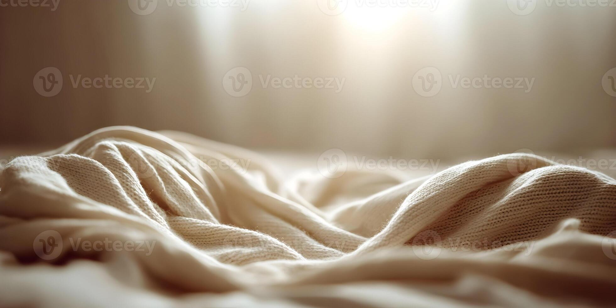 Cream Knitted Fabric Texture Background Soft Cozy Warm Light Sunlit photo