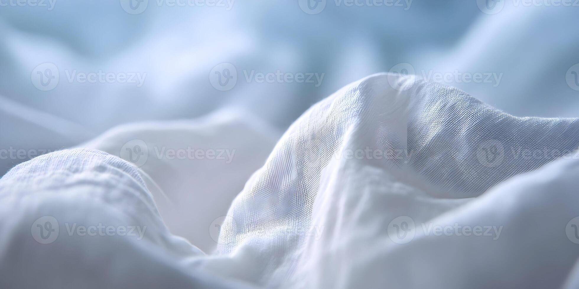 Closeup White Linen Fabric Texture Soft Draped Light Blue Background photo