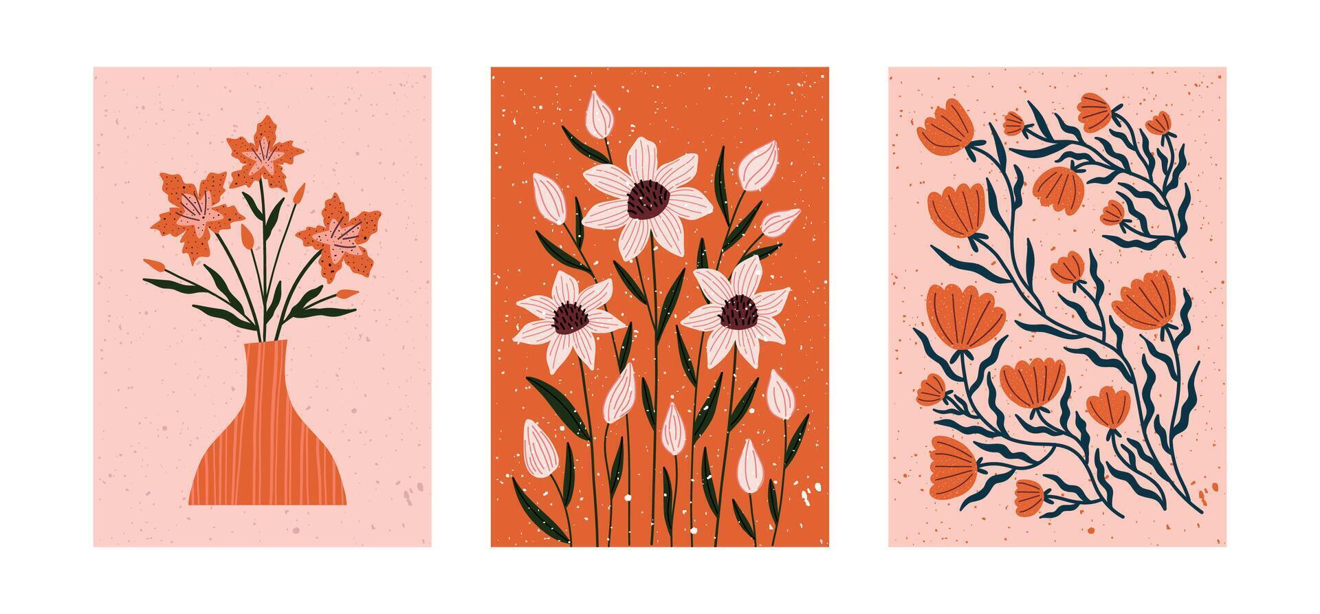 Set of floral wall art in hand drawn style with blooming flowers and minimal vases. Warm palette of terracotta, pink, and navy blue. Perfect for boho decor, greeting cards, posters, and spring design vector