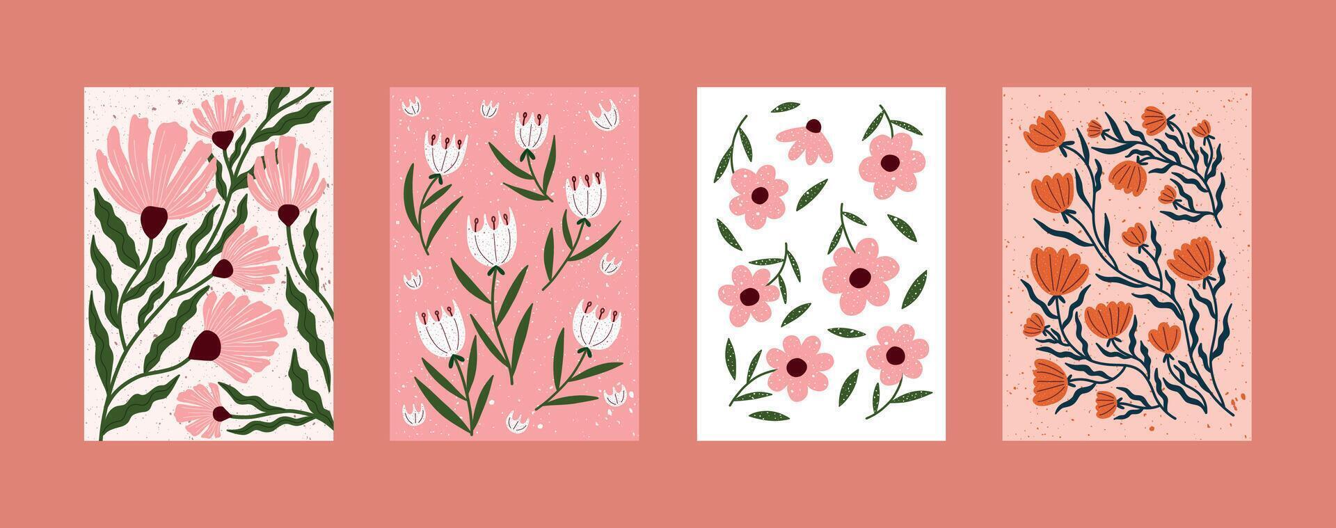 Hand drawn floral posters with pink, white, and orange flowers, playful leaves, and textured backgrounds. Whimsical botanical wall art in modern flat style. Great for nursery decor, greeting cards vector