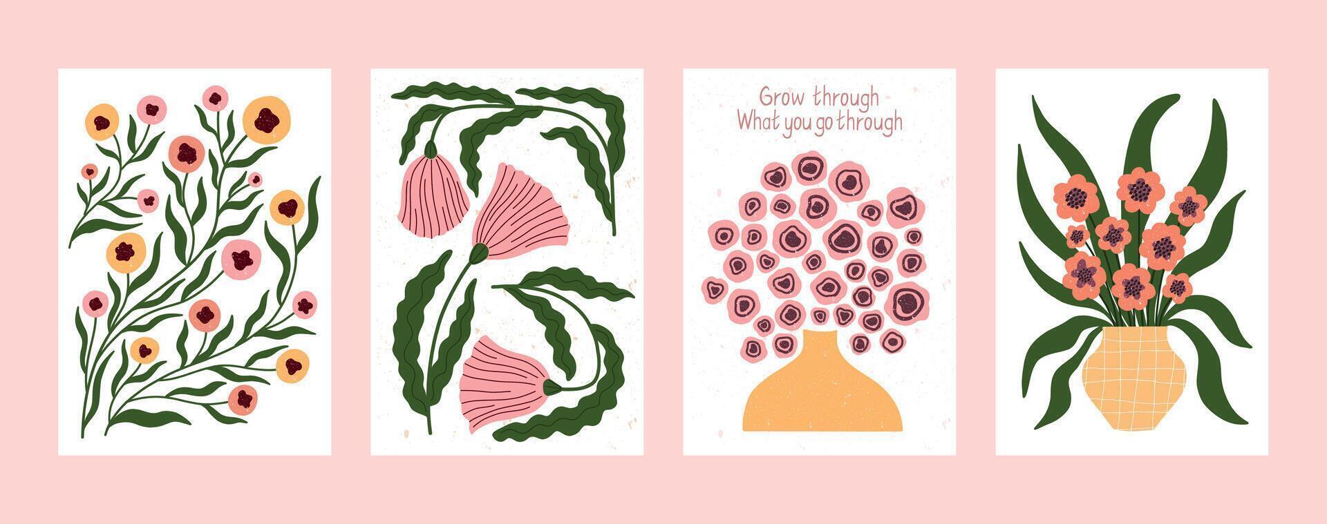 Set of hand drawn floral posters with motivational message Grow through what you go through. Minimal flat design with textured botanical elements. Ideal for wall decor, greeting cards, and positive vector