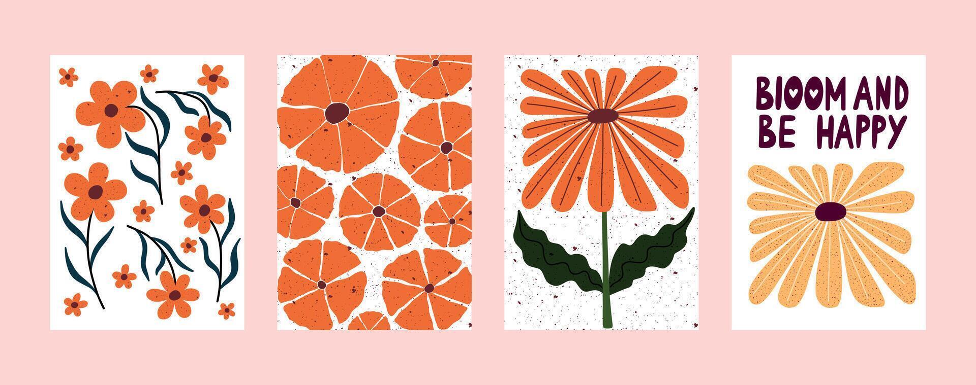 Hand drawn floral wall art with inspirational lettering. Bright and bold flower illustrations with positive message Bloom and Be Happy. Perfect for posters, cards, home decor, and kids room design. vector