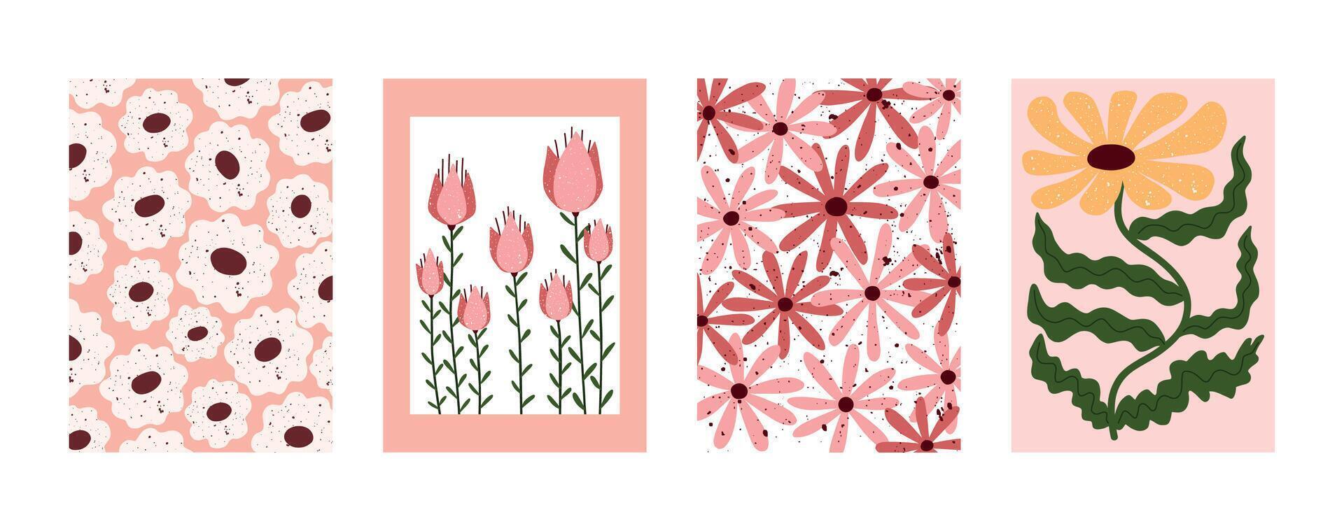 Minimal floral posters with pink and yellow flowers in modern hand drawn style. Bright spring botanical collection with blooming patterns and decorative daisies. Perfect for wall art vector