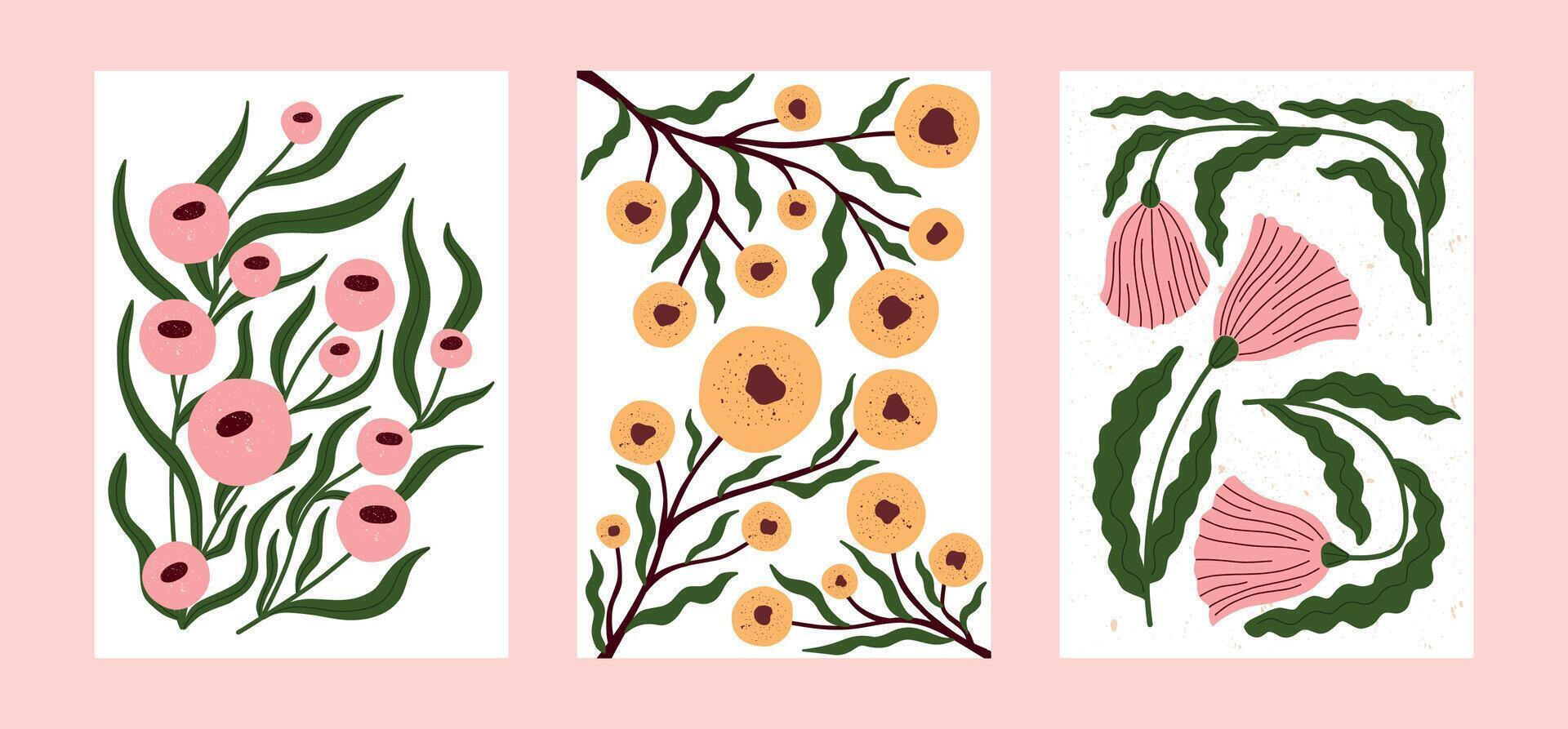 Hand drawn botanical posters with bold stylized flowers and green leaves. Modern floral wall art in flat textured style. Ideal for home decor, nursery prints, or creative surface design. vector