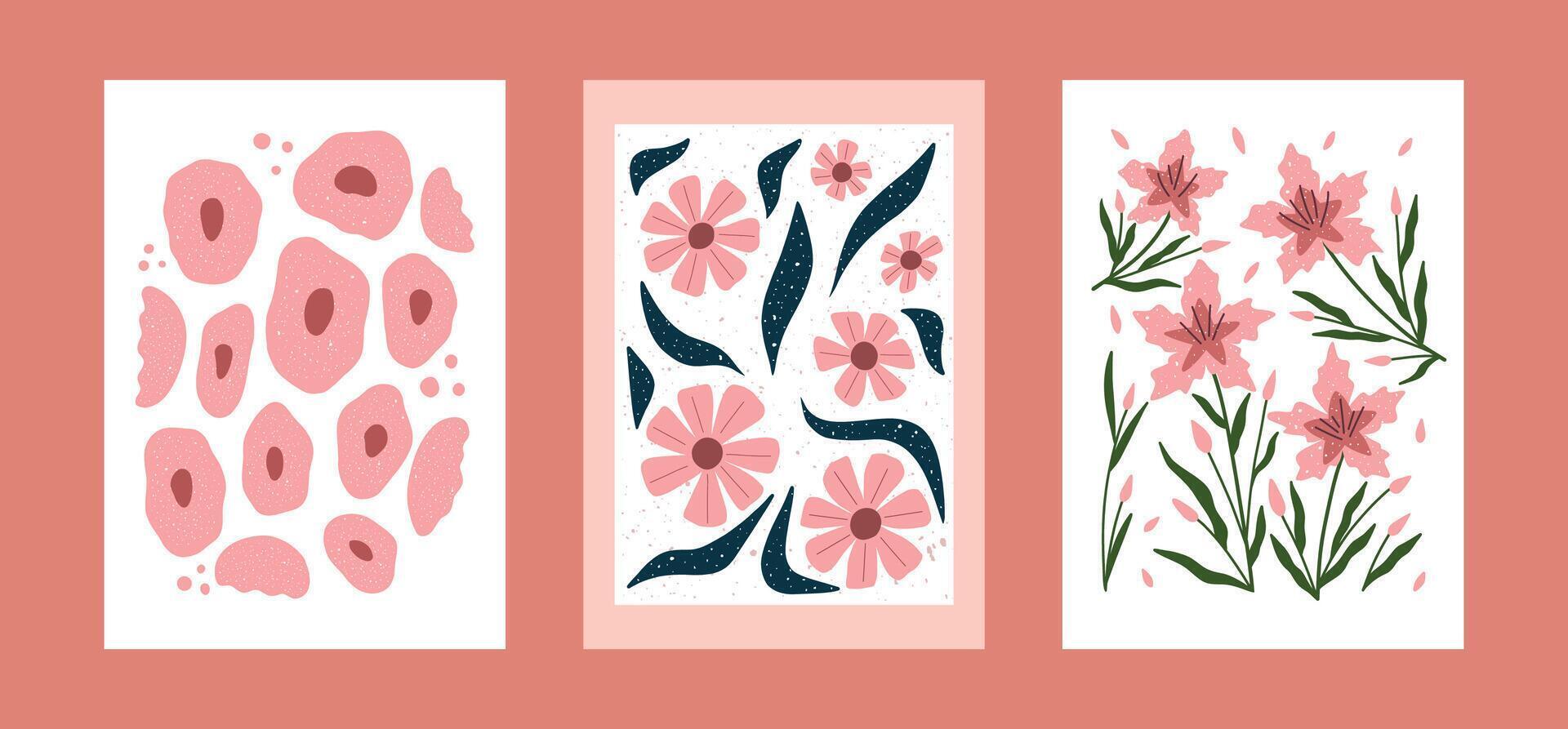 Hand drawn floral posters in minimal style. Modern flower wall art with simple pink blooms and green leaves. Cute botanical design for print, card, and decor. vector