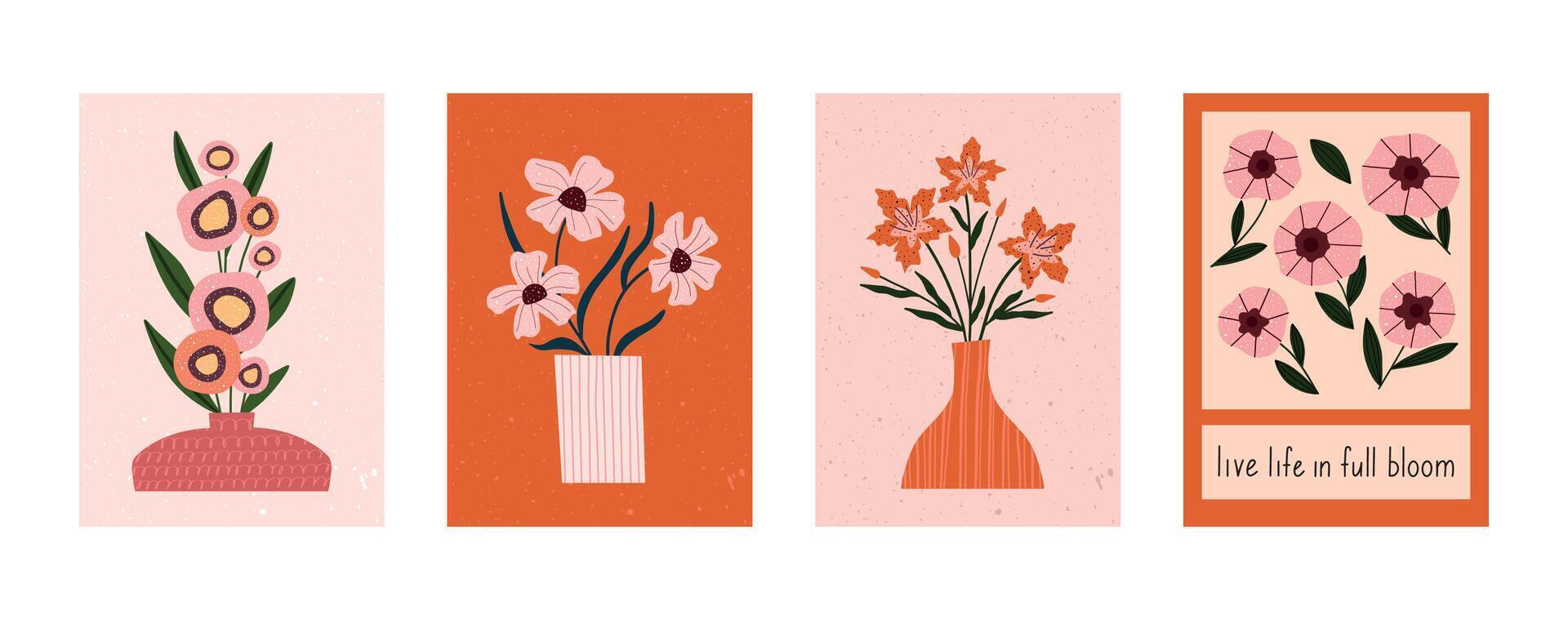 Hand drawn floral posters with stylized flowers in vases and motivational quote. Minimal botanical illustrations in warm tones. Great for wall art, greeting cards, or home decor. vector