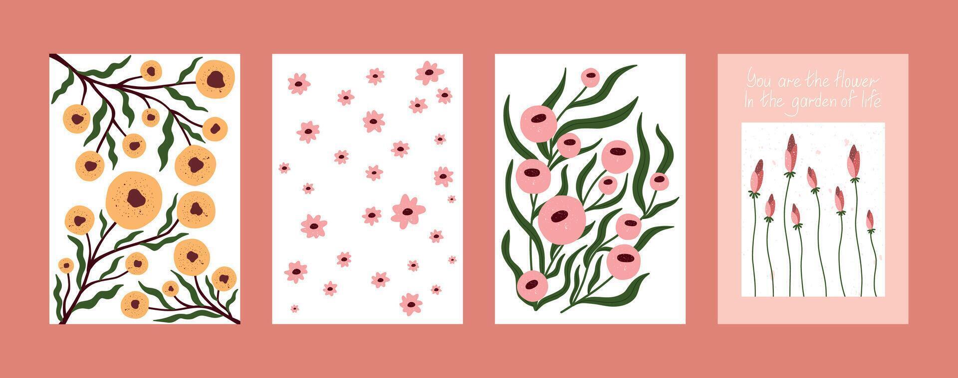 Hand drawn floral compositions and patterns with minimalist pastel flowers and inspirational lettering. Includes abstract botanical art, decorative bouquets, and blooming quotes. Perfect for posters vector