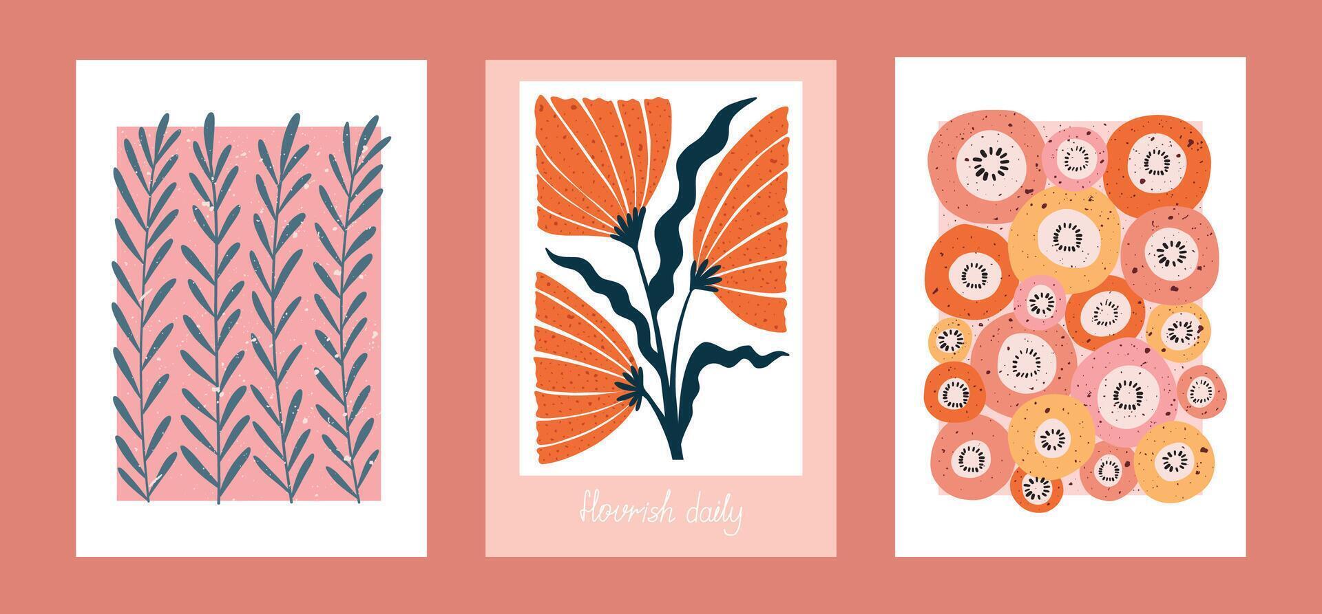 Hand drawn botanical posters with abstract flowers and bold leafy stems. Modern floral illustrations with textured backgrounds and inspiring lettering. Perfect for wall art, home decor vector