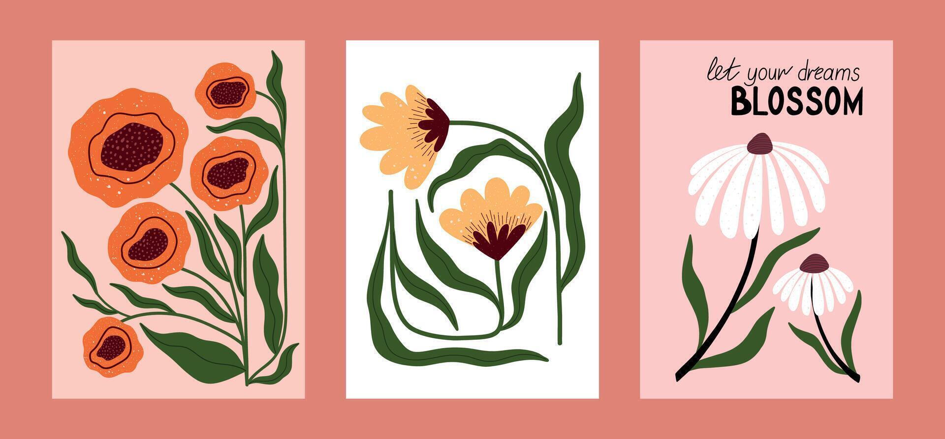 Hand drawn floral posters with abstract flowers, curved leaves, and inspirational quote. Modern flat botanical art with playful shapes and textured details. Perfect for wall decor, greeting cards vector