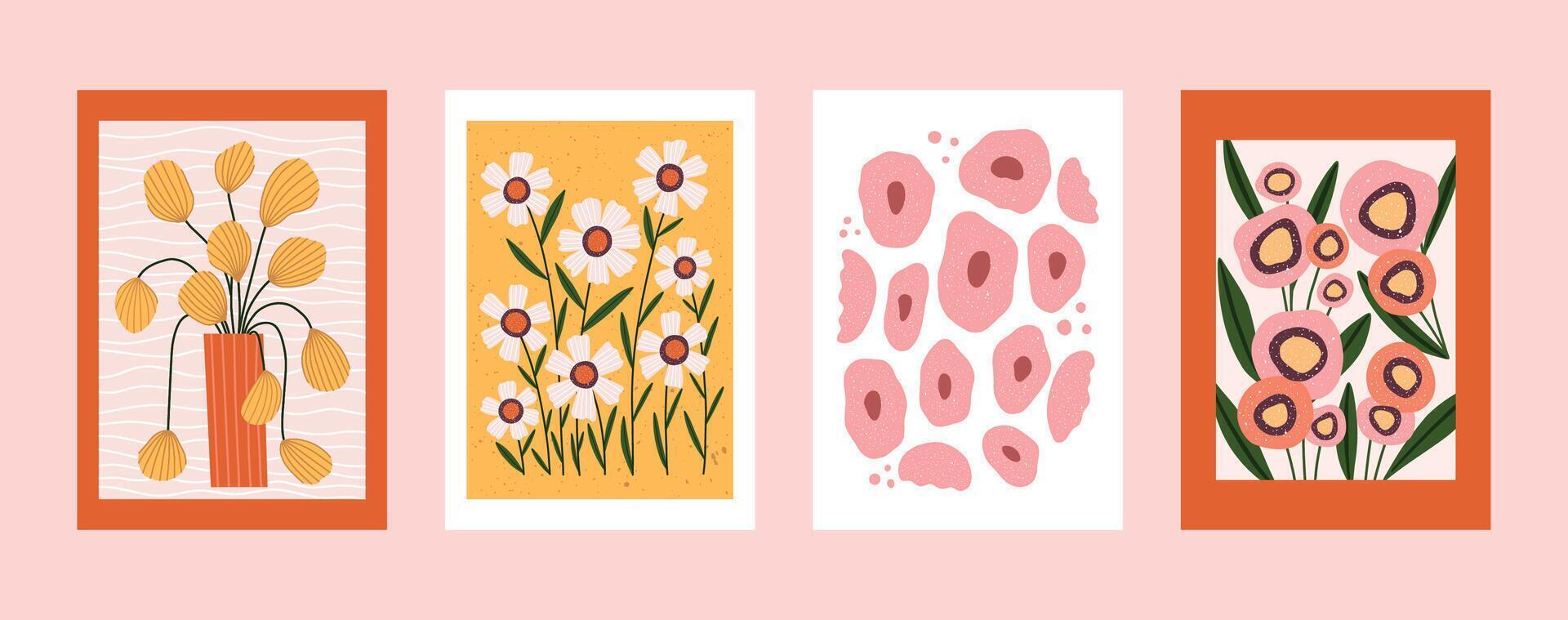 Set of hand drawn floral posters featuring stylized wildflowers, abstract petals, botanical stems, and decorative vases. Playful and minimal design for wall art, nursery decor, packaging vector