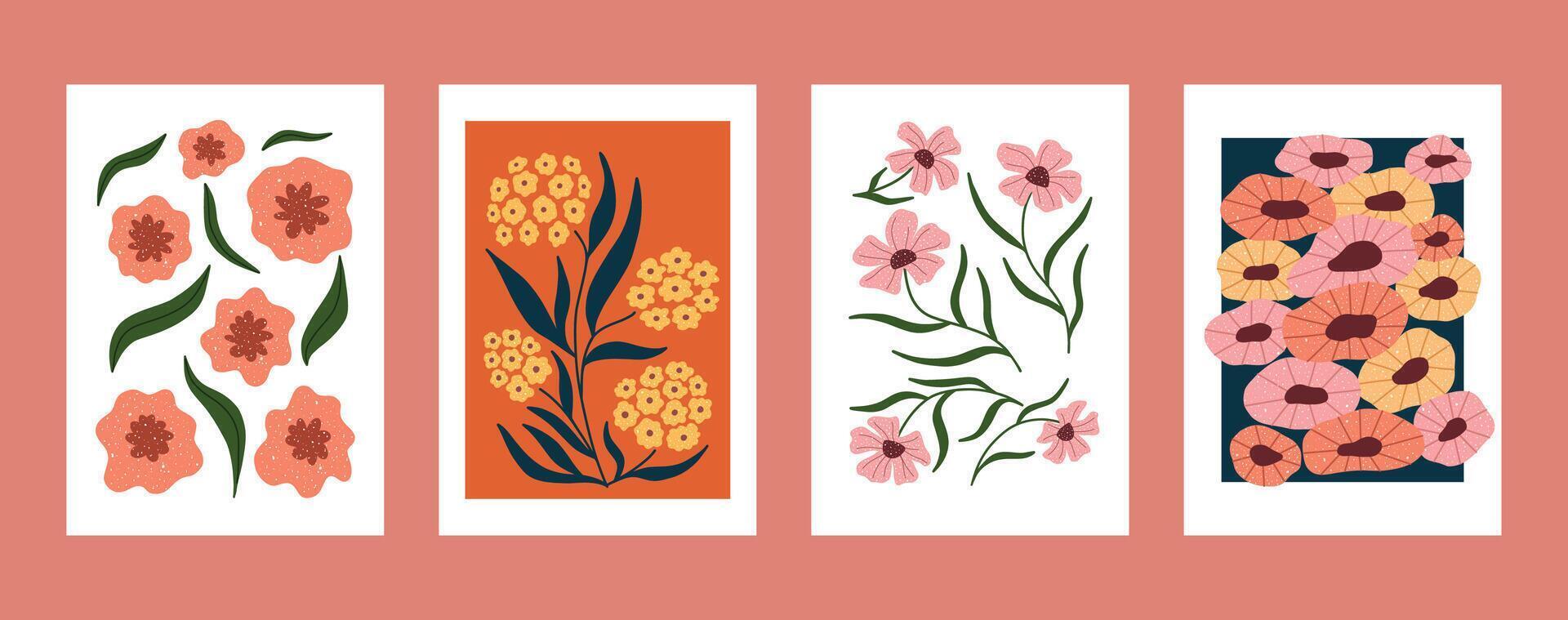 Hand drawn floral compositions featuring modern abstract flowers and leaves. Set of minimalist botanical posters ideal for wall art, home decor, and nature-inspired prints. vector